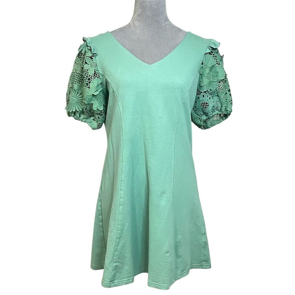 Umgee Women's V-Neck Floral Green Embroidered Lace Crochet Mini Dress S Spring